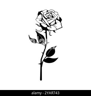Isolated black rose on white background, symbolizing youth, often used in tattoo culture Stock Vector