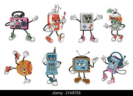 Retro funky cartoon characters from 90s Stock Vector