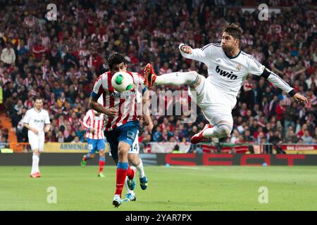 Madrid, Spain MAY 17: Sergio Ramos and Diego Costa in action during the Spanish King's Cup 2012/13 Final , match played at the Santiago Bernabeu betwe Stock Photo