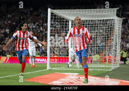 Madrid, Spain MAY 17: Joao Miranda of Atletico de Madrid celebrates a goal during the Spanish King's Cup 2012/13 Final , match played at the Santiago Stock Photo