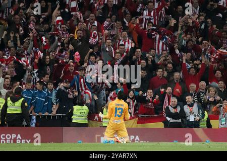 Madrid, Spain MAY 17: Thibaut Courtois of Atletico de Madrid celebrates victory during the Spanish King's Cup 2012/13 Final , match played at the Sant Stock Photo