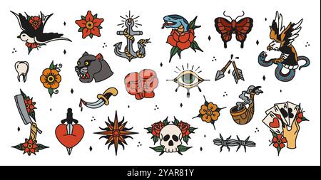 Old school tattoos, traditional style born in USA. Vector set Stock Vector