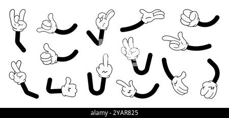 Cartoon hands with four fingers, classic style from the 30s, cartoons and comics. Mascot characters in white gloves with various gestures. Retro carto Stock Vector