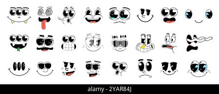 Retro cartoon faces in 30s style. Character faces made in the old school style, various cartoon facial expressions of the mascots. Retro emoji with a Stock Vector