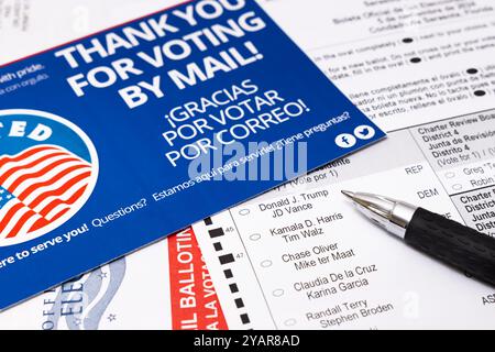 SARASOTA, FLORIDA - OCTOBER 15, 2024 : Absentee voter vote by mail ballot. 2024 Presidential election Donald J. Trump vs Kamala D. Harris. Stock Photo