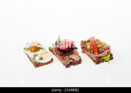 selection of open-faced Danish sandwiches (Smørrebrød) on dark rye bread. Toppings include egg, tomato, herbs, and mayo; sausage, salad, fish onions Stock Photo