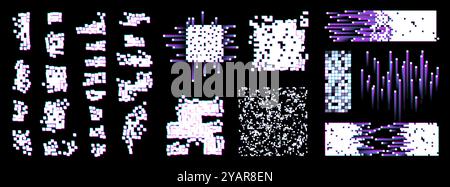 Scattered white noise texture set, pixel separation. Glitch elements Stock Vector