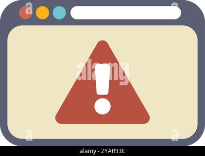 Minimalist vector illustration featuring a web browser window displaying a red triangle warning sign, indicating potential security risks or errors Stock Vector