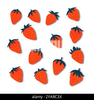 Halftone strawberry grunge texture illustration collection. Red berry fruit isolated with shadow. Spring summer season Graphic resource. Hand drawn Bo Stock Photo