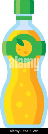 Plastic bottle filled with refreshing orange juice. Closed tightly with a green cap. Bursting with citrusy goodness and packed with healthy vitamins Stock Vector