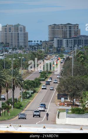 Clearwater, FL, USA - 6 Oct 2024 - The I60 Clearwater Memorial Causeway freeway into Clearwater Beach Stock Photo