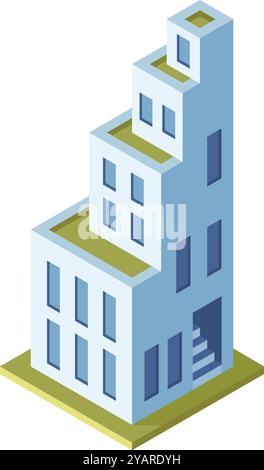 This isometric illustration showcases a modern building with green roofs, embodying the principles of sustainable and eco friendly architectural desig Stock Vector