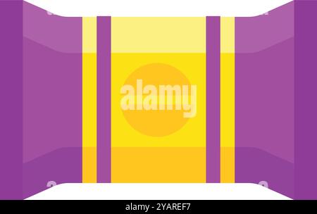 Vibrant purple and yellow flow pack packaging with a round product inside against a white background, customizable for any brand. Ideal for showcasing Stock Vector