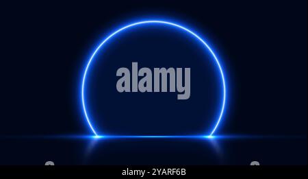 Neon arch, blue glowing portal, futuristic circle stage, magic gate background. Stock Vector