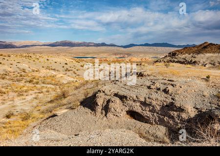 Echo wash drains into the Overton Arm of Lake Mead at Echo Bay, Nevada, USA Stock Photo