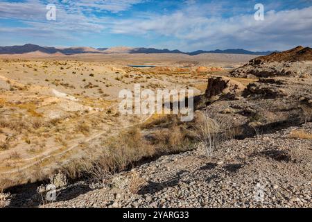 Echo wash drains into the Overton Arm of Lake Mead at Echo Bay, Nevada, USA Stock Photo