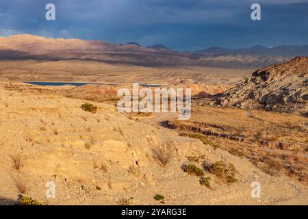 Echo wash drains into the Overton Arm of Lake Mead at Echo Bay, Nevada, USA Stock Photo