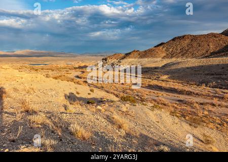 Echo wash drains into the Overton Arm of Lake Mead at Echo Bay, Nevada, USA Stock Photo