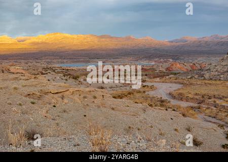 Echo wash drains into the Overton Arm of Lake Mead at Echo Bay, Nevada, USA Stock Photo