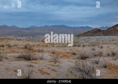 Echo wash drains into the Overton Arm of Lake Mead at Echo Bay, Nevada, USA Stock Photo