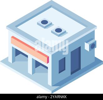 Isometric vector illustration of a modern commercial building with a garage door, large blank sign, and air conditioning units Stock Vector