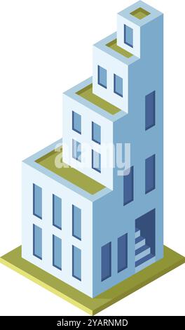 This isometric illustration showcases a modern building with green roofs, embodying the principles of sustainable and eco friendly architectural Stock Vector