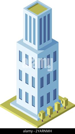 Modern office building in a city, surrounded by trees, showcases sleek architecture blending with the urban landscape. The high rise tower symbolizes Stock Vector