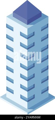 Simple isometric view of an office building with a blue pyramid roof and windows, ideal for cityscapes and urban environments Stock Vector