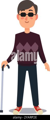 Smiling blind man confidently stands with his cane, exuding happiness and independence in casual clothes and dark glasses, embodying self reliance and Stock Vector