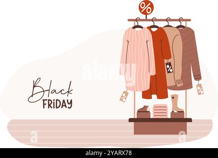 Black Friday. Store shopping sale. Fashionable clothes on hangers and shoes on rack. Vector illustration. Consumerism, purchase concept. Horizontal ba Stock Vector