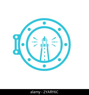 Lighthouse trough boat window icon. Isolated on white background. From blue icon set. Stock Vector