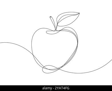 continuous line drawing of an apple. The design is minimalistic, created using a single line to capture the iconic shape of the apple in a simple yet Stock Vector
