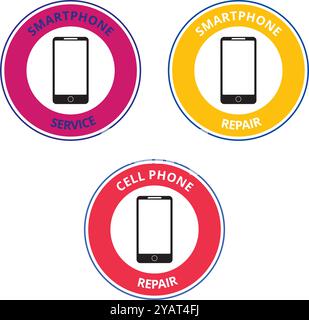 Colored smartphone service labels with the draw of a tree on a white background Stock Vector