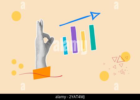 Woman hand doing ok sign and a ascending bar chart on a beige background with yellow polka dots Stock Photo