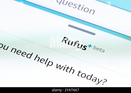 Amazon's Rufus AI assistant interface in beta version in Amazon shopping app seen on a mobile device. Stafford, United Kingdom, October 15, 2024 Stock Photo