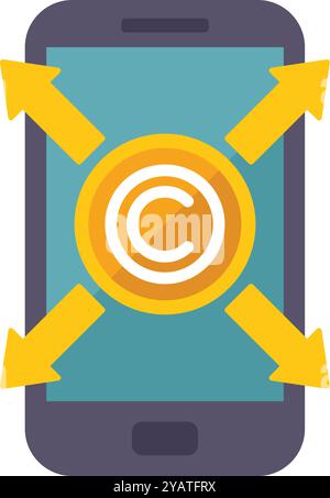 Smartphone showing copyright symbol with arrows pointing in different directions, depicting concept of digital copyright management Stock Vector