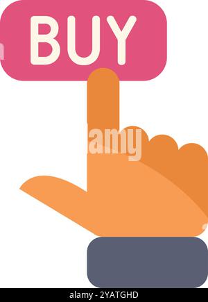 Hand is pressing a button that says buy on it, implying an online purchase Stock Vector