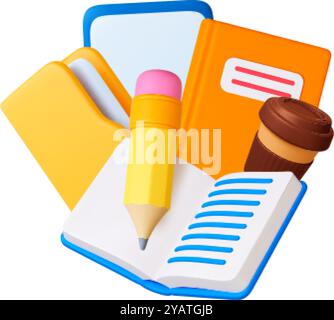 3d Work and study. Education 3d concept with opened book, notebooks yellow folder for documents, pencil and coffee mug. Realistic render office vector Stock Vector