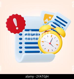 3d Deadline concept. 3d alarm clock, documents and exclamation mark in red banner. Check or to do list, working business process. Realistic vector Stock Vector