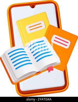 3d Electronic books 3d concept. E-book on smartphone screen. Opened and closed book, library in phone. Online reading, education realistic vector Stock Vector