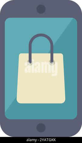 Minimalist illustration featuring a smartphone displaying a shopping bag, embodying the concept of e commerce and online retail Stock Vector