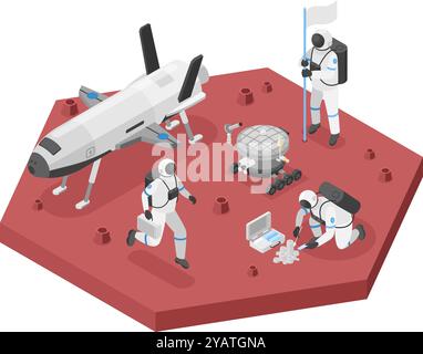 Isometric space station. Astronauts working and researching on red planet surface. Spaceship and mars rover, astronaut in spacesuit, flawless vector Stock Vector