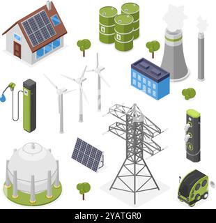 Isometric eco friendly icons. Solar system oil and gas, wind turbines, smart energy house. Clean and ecological lifestyle, clean environment flawless Stock Vector