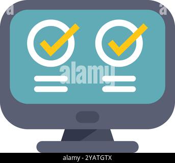 Computer showing validating process with two check marks on screen, concept of online survey, test, exam, questionnaire Stock Vector