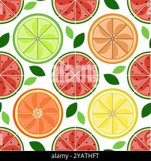 Seamless fruit pattern with slices of watermelon, lime, lemon, grapefruit, and orange. Vector illustration Stock Vector