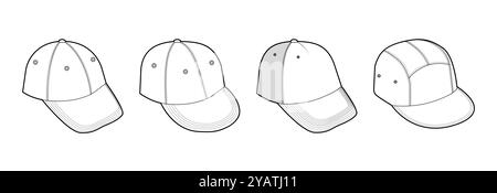 Set of Caps - Trucker Baseball Dad Hip-Hop, Five Panel Cap Hat. Summer Head Fashion accessory clothing technical illustration. Vector headgear, flat template CAD mockup sketch outline isolated Stock Vector