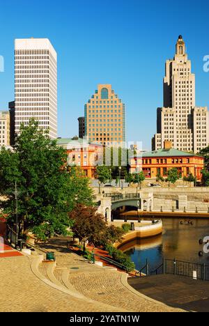 A small amphitheater at Waterplace Park is surrounded by the Providence, Rhode Island skyline Stock Photo