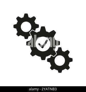 Three cogwheels icon. Check mark inside gear. Black and white gears. Vector technical symbol. Stock Vector