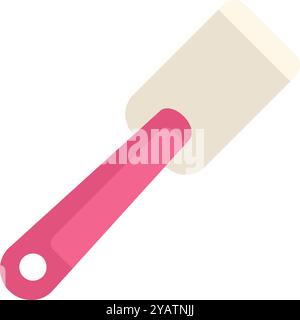 Pink silicone spatula with wooden handle spreading icing on cake, baking tool vector illustration isolated on white background Stock Vector