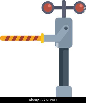 Railroad crossing sign with flashing red lights, a safety barrier preventing vehicles and pedestrians from crossing the tracks, indicating an approaching train Stock Vector